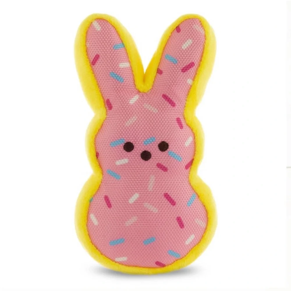 Peeps Plush Dog Toy Squeaker Angry Eyebrows Easter Bunny Pink Yellow